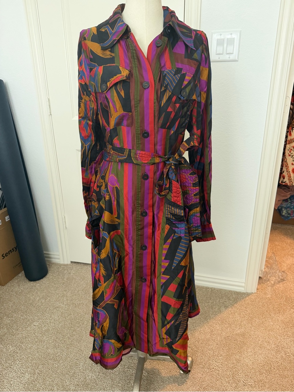 FARM Rio Multicolor Striped & Abstract Print Long Sleeve Shirt Dress